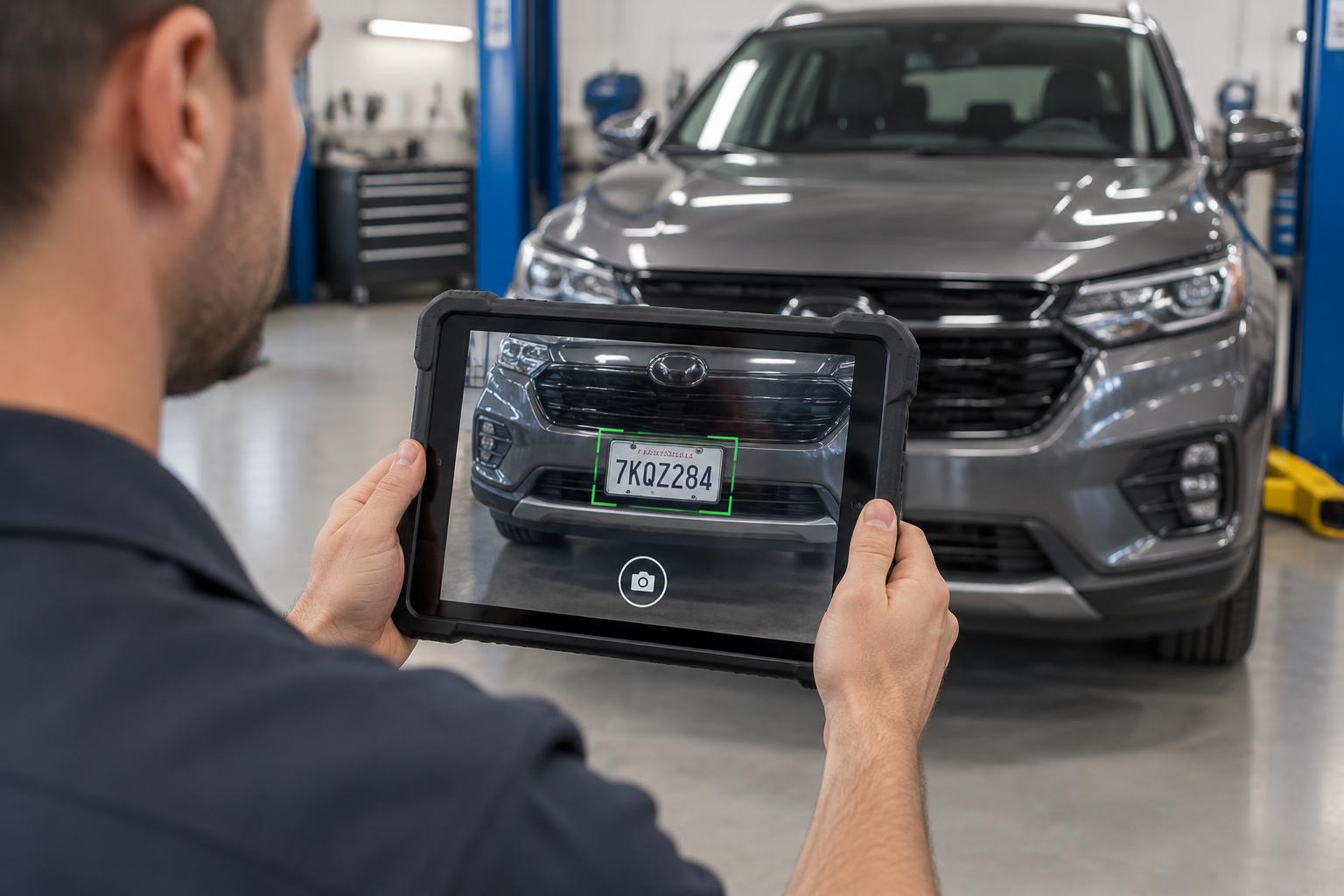 Asesor usando tablet rugged para leer matrícula y capturar video del vehículo